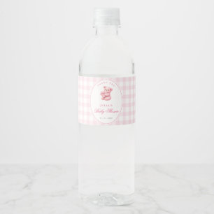 Pink Gingham Teddy Bear Neutral Baby Shower Water Bottle Label