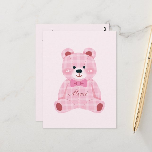 Pink Gingham Teddy Postcard (Front/Back In Situ)