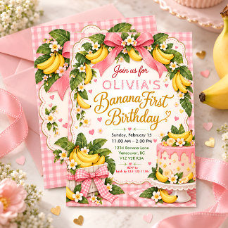 Pink Gingham Tropical Fruit 1st Birthday Girl Part Invitation