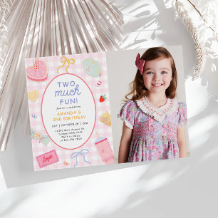 Pink Gingham "Two Much Fun" 2nd Birthday Photo Invitation