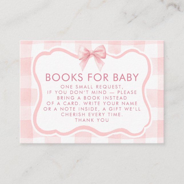 Pink Gingham Wavy Frame Bow Books For Baby Request Enclosure Card (Front)