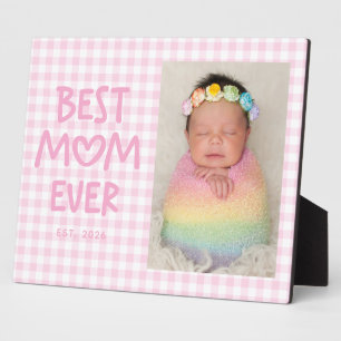 Pink Gingham Whimsical Heart Best Mom Ever Plaque