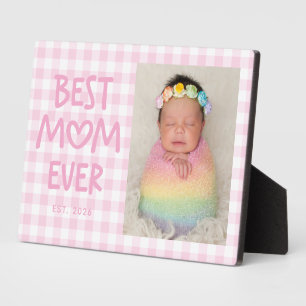 Pink Gingham Whimsical Heart Best Mum Ever Photo Plaque