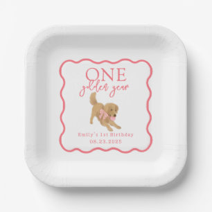 Pink Gingham Whimsical One Golden Year Birthday Paper Plate