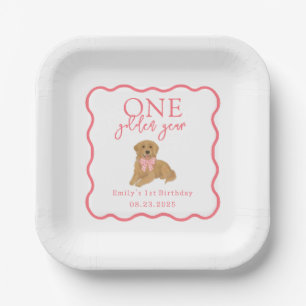 Pink Gingham Whimsical One Golden Year Birthday Paper Plate