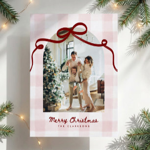 Pink Gingham Whimsical Red Bow Two Photo Christmas Holiday Card