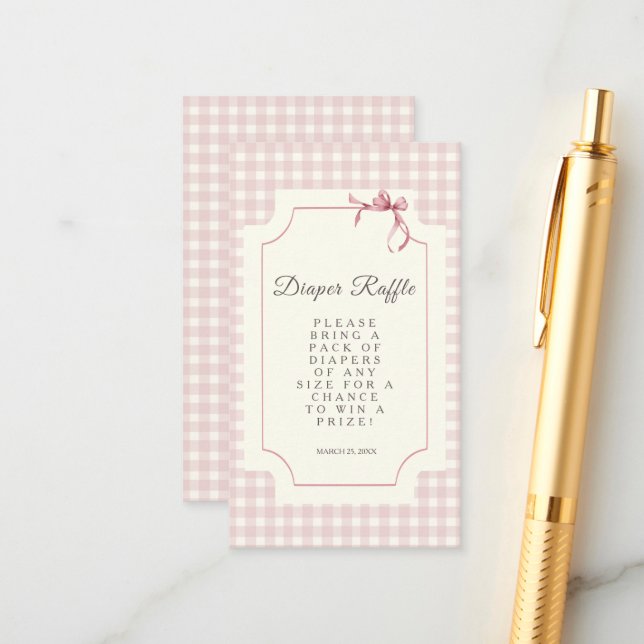 Pink Gingham  with Bow Baby Shower Diaper Raffle Enclosure Card (Front/Back In Situ)