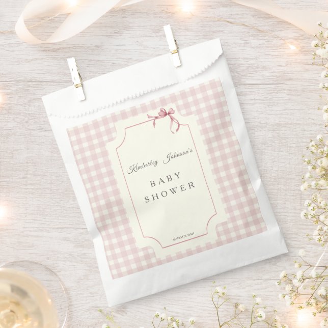 Pink Gingham with Bow Baby Shower Favour Bags (Clipped)