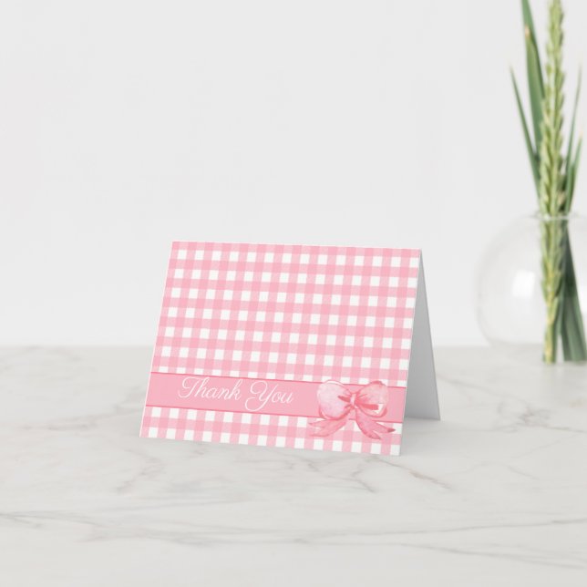 Pink Gingham with Bow Napkins Thank You Card (Front)