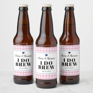 Pink Gingham with Navy Blue I Do Brew Wedding Beer Bottle Label