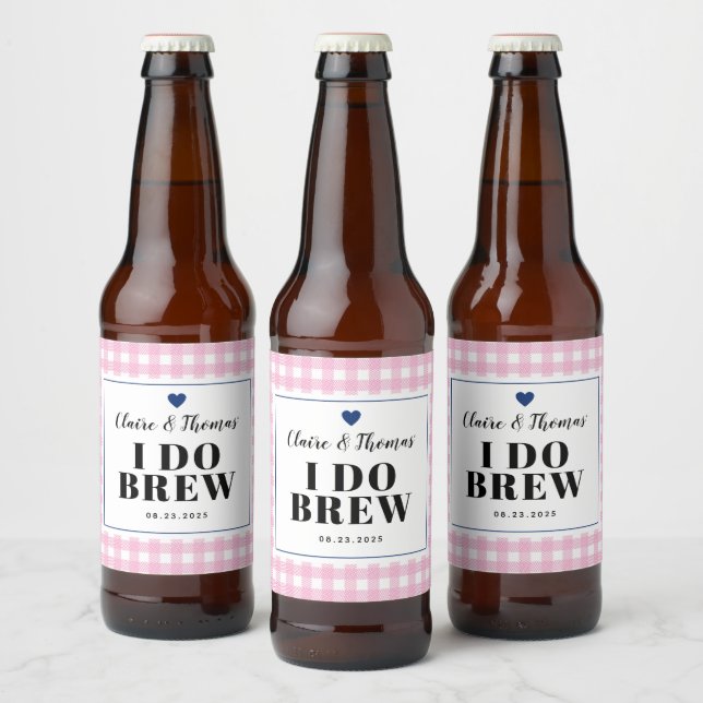 Pink Gingham with Navy Blue I Do Brew Wedding Beer Bottle Label (Bottles)