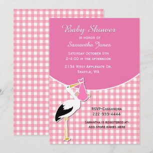 Pink Gingham with Stork Baby Shower Invitation