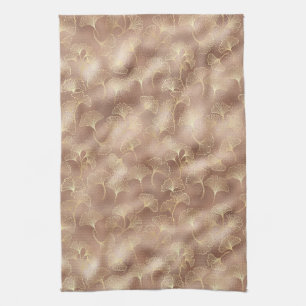 Pink Ginkgo Leaf with Luxe Gold Accents Tea Towel