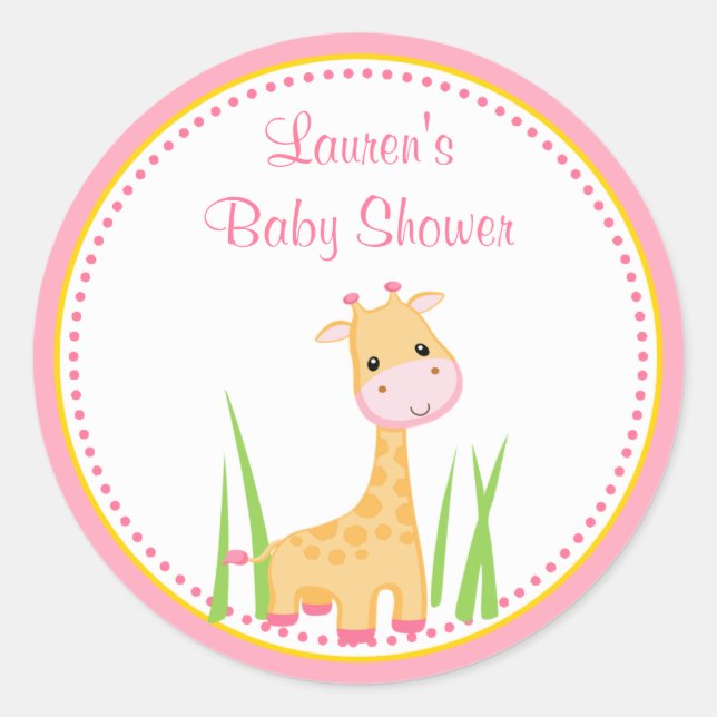 Pink Giraffe Baby Shower Favour Tag Sticker (Front)