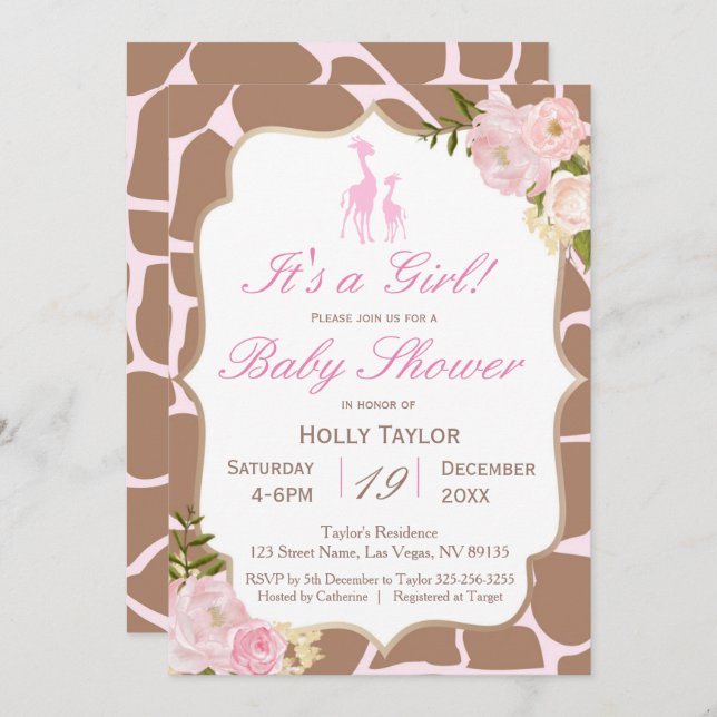 Pink Giraffe Baby Shower Invitation (Front/Back)