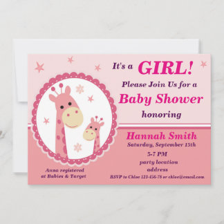 Pink giraffe baby shower invitation