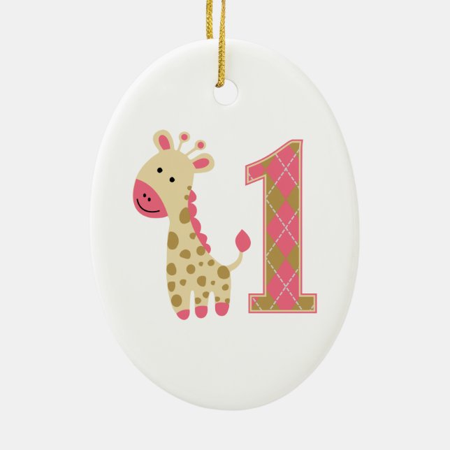 Pink Giraffe First Birthday Ceramic Tree Decoration (Back)