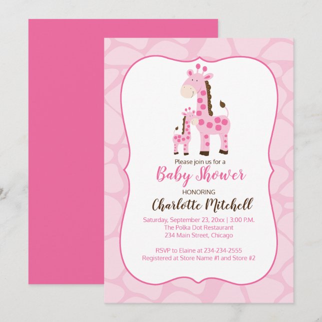 Pink Giraffe Girl Baby Shower Invitation (Front/Back)