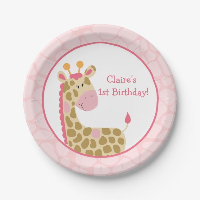 Pink Giraffe Paper Plate with Customisation (Front)
