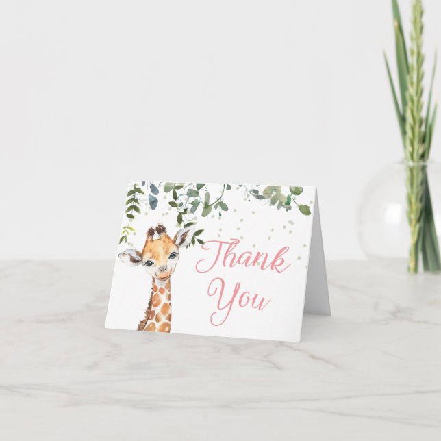 Pink Giraffe Safari Baby Shower Thank You Card (Front)