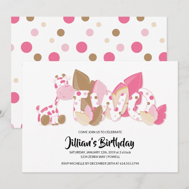Pink Giraffe Second Birthday Party Invitation (Front/Back)