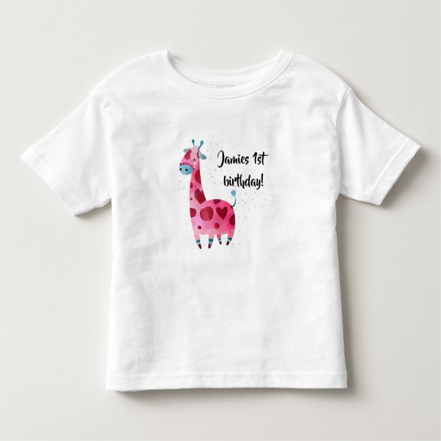 Pink giraffe themed birthday party outfit design toddler T-Shirt (Front)