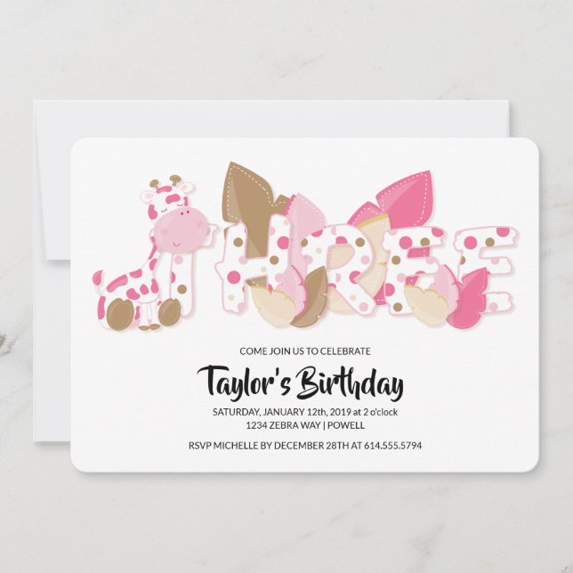 Pink Giraffe Third Birthday Party Invitation (Front)