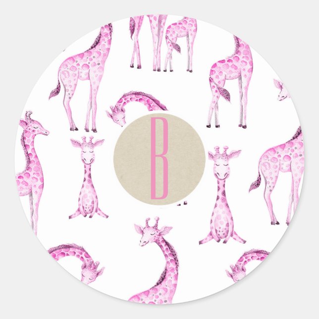 Pink Giraffes Baby Shower Monogram Party Favour Classic Round Sticker (Front)