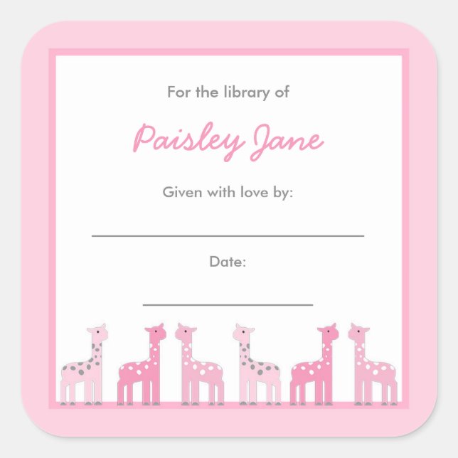 Pink Giraffes Girl Baby Shower Bookplates Square Sticker (Front)