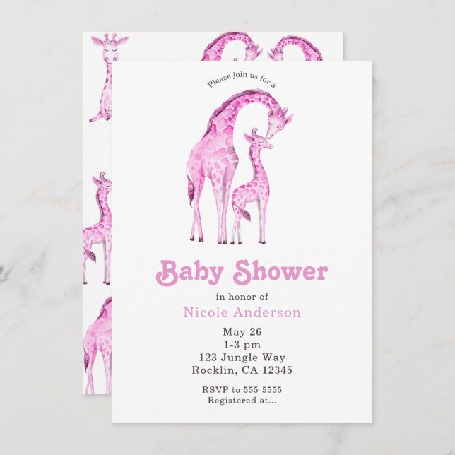 Pink Giraffes Whimsical Baby Shower Invitation (Front/Back)