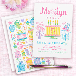 Pink Girl 5th Birthday Invitation