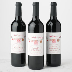 Pink Girl Apple Clothesline Baby Shower Welcome Wine Label