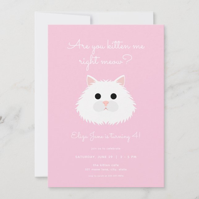 Pink Girl Are You Kitten Me Birthday Invitation (Front)