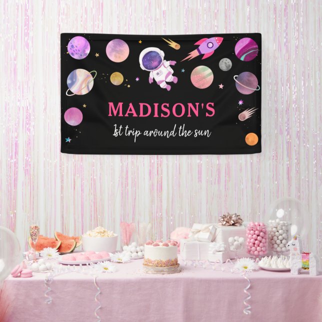 Pink Girl Astronaut Outer Space Birthday Banner (Party)