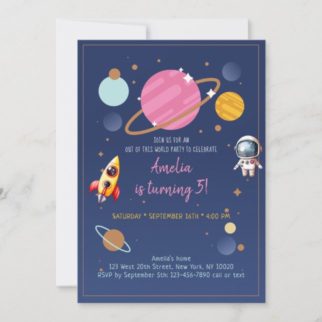 Pink Girl Astronaut Outer Space Birthday Invitation (Front)