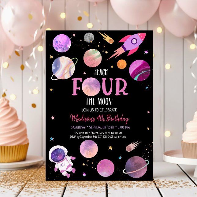 Pink Girl Astronaut Outer Space Fourth Birthday Invitation (Creator Uploaded)
