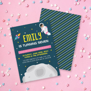 Pink Girl Astronaut Space Birthday Invitation