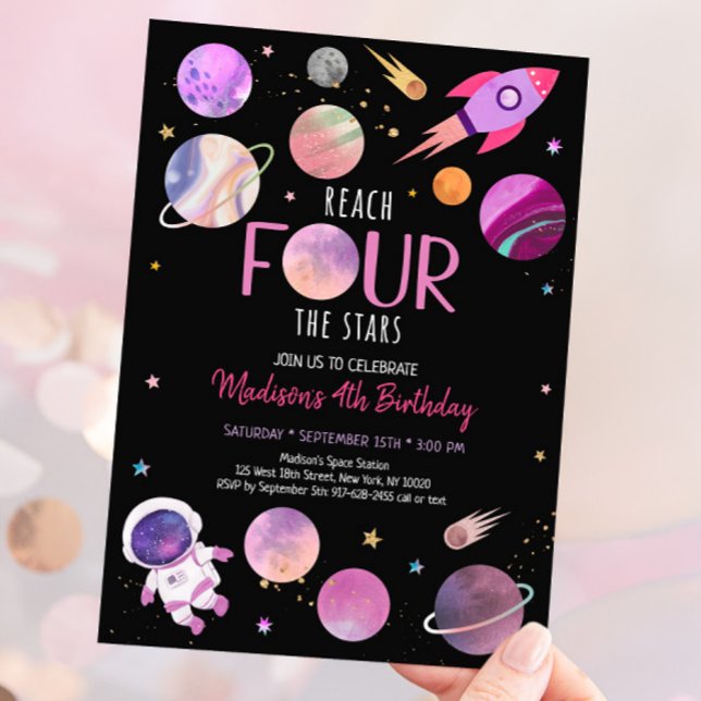 Pink Girl Astronaut Space Fourth Birthday Invitation (Creator Uploaded)
