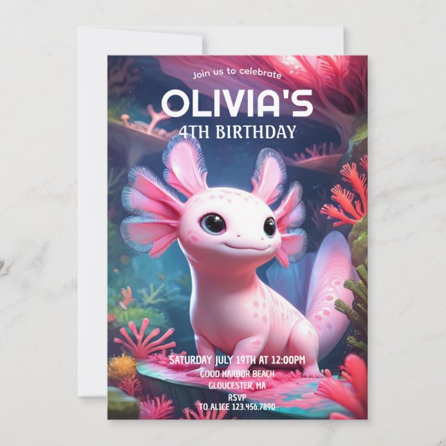  Pink Girl Axolotl Birthday Invitation (Front)