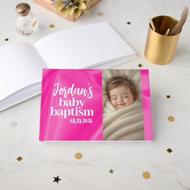 Pink Girl Baby Baptism Christening Guest Book (Front Open)