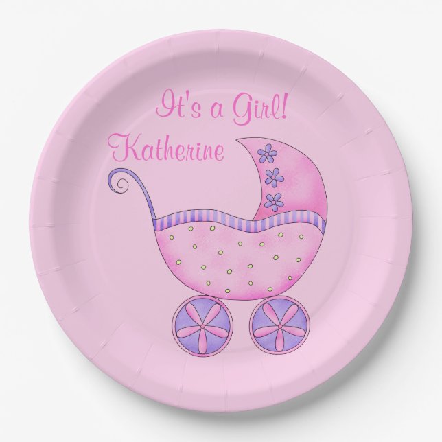 Pink Girl Baby Buggy Its a Girl Name Personalised Paper Plate (Front)