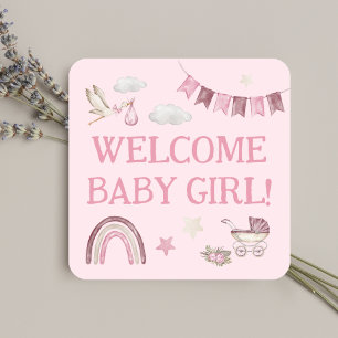 Pink Girl Baby On Board Cute Stork Watercolor Square Sticker
