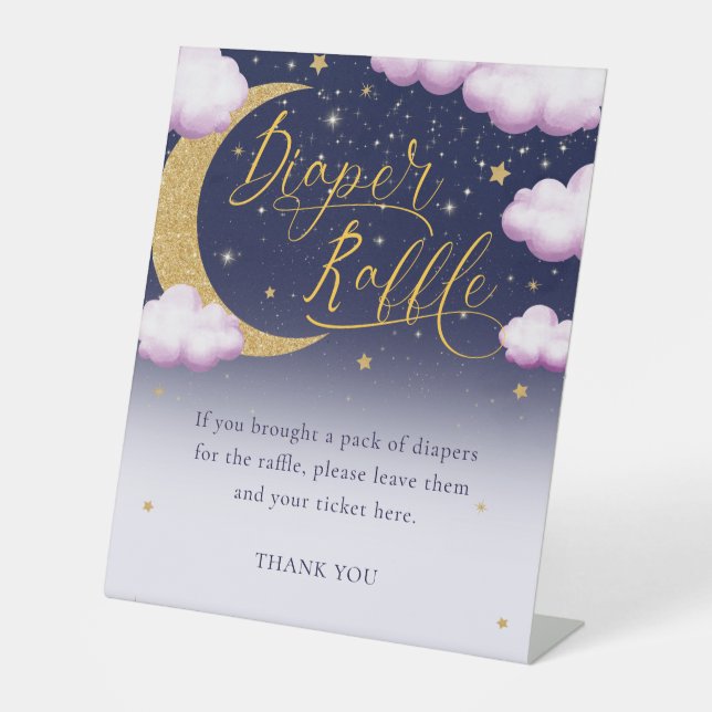 Pink Girl Baby Shower Over the Moon Diaper Raffle Pedestal Sign (Front)