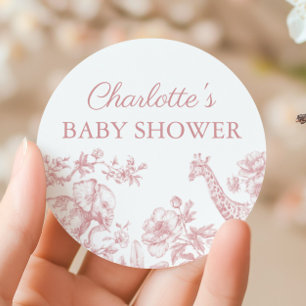 Pink Girl Baby Shower Safari Toile de Jouy Classic Round Sticker