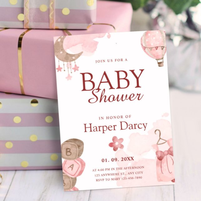 Pink Girl Baby Shower with Moon & Hot Air Balloon Invitation (Pink Girl Baby Shower with Moon & Hot Air Balloon Invitation, Oh Baby Invitation)
