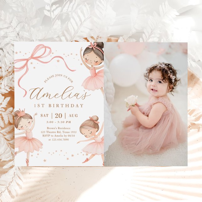 Pink Girl Ballerina 1st Birthday Party Photo Invitation (Creator Uploaded)