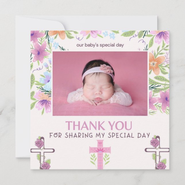 Pink Girl Baptism Christening Photo Thank You Card (Front)