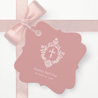 Pink Girl Baptism Dusty Rose Elegant Cross & Crest Favour Tags