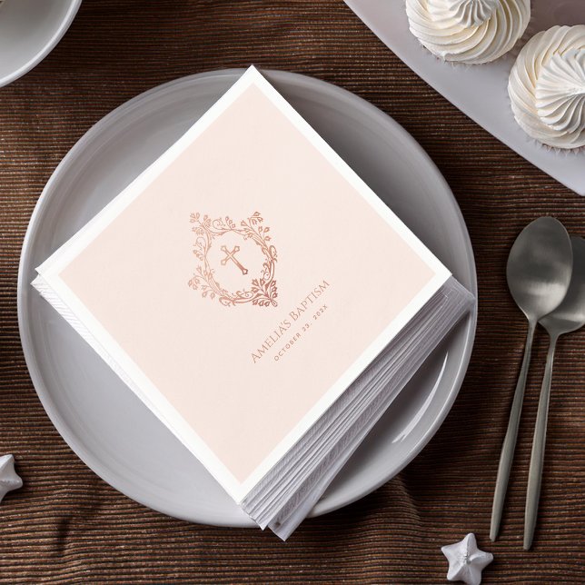 Pink Girl Baptism Elegant Rose Gold Cross in Crest Napkin (Creator Uploaded)