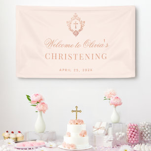 Pink Girl Baptism Elegant Vintage Rose Gold Crest Banner
